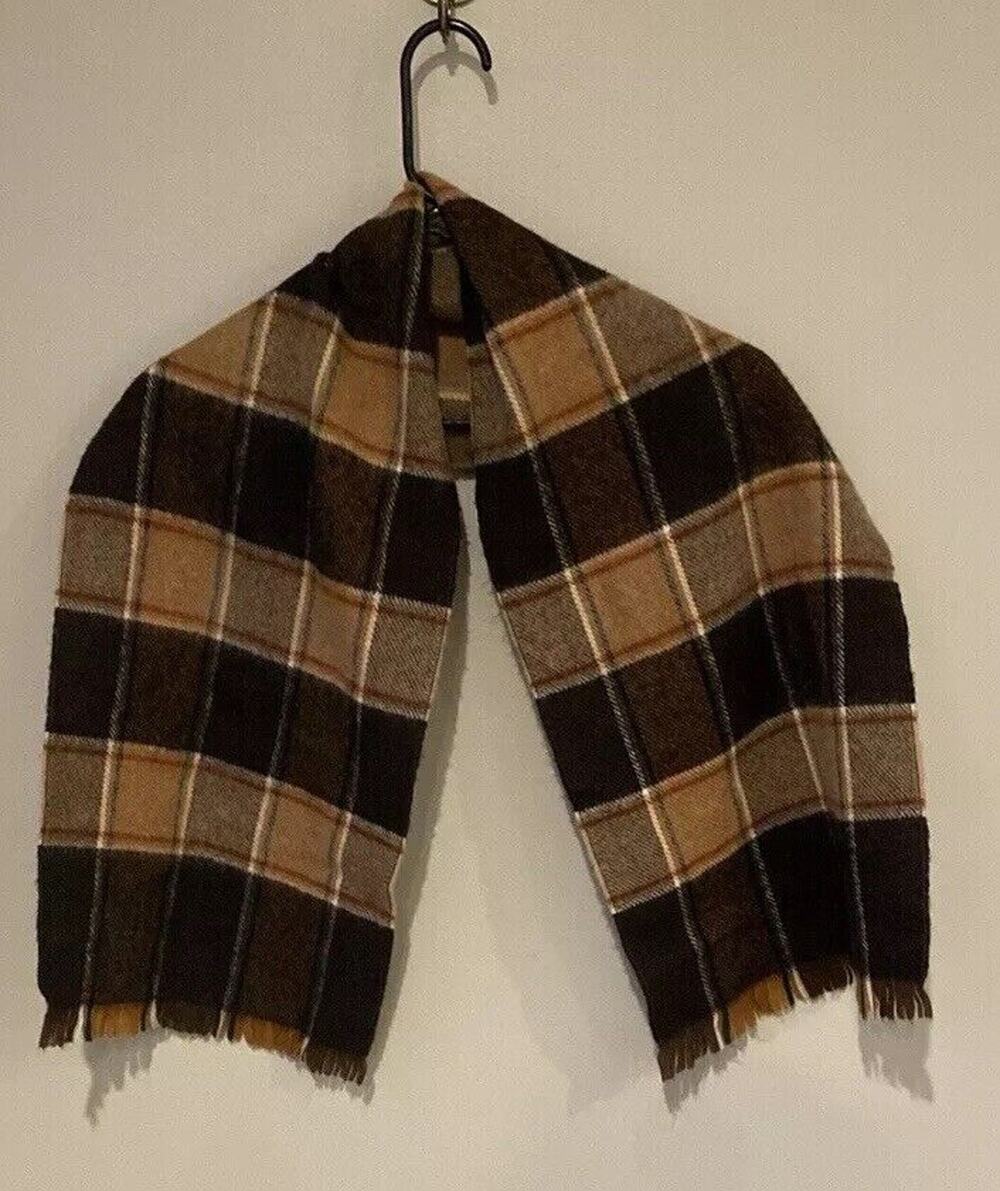 Zephlon Vintage Brown Plaid Soft Acrylic Fringed Scarf 54" X 12"